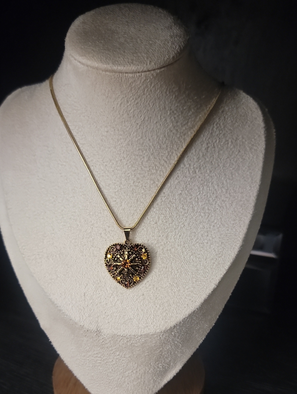 Gold Heart Pendant Necklace with Amber and Brown Accents